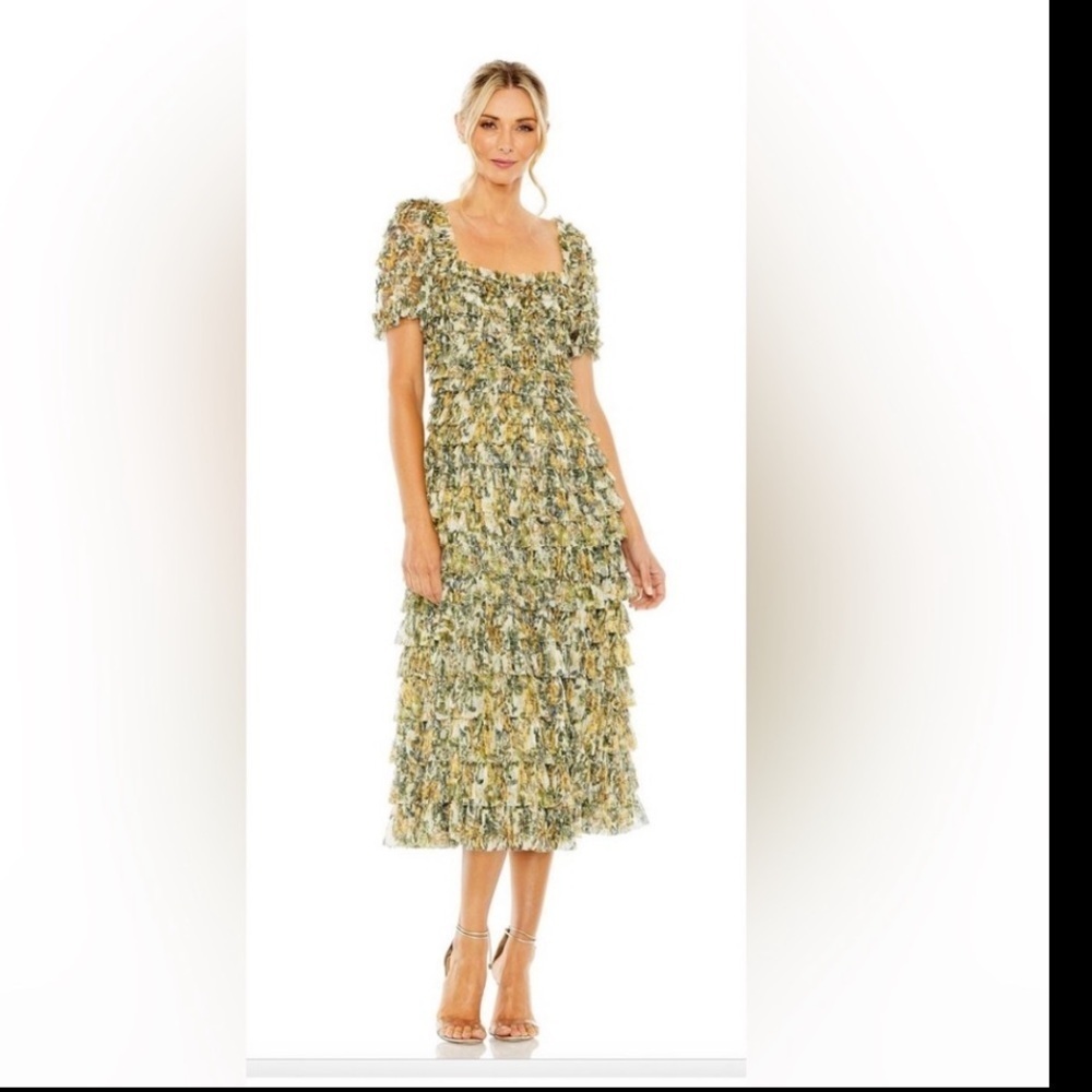 Mac Duggal #8232 Yellow Green Short Sleeve Ruffle Tea Length Dress Sz 10 NWT